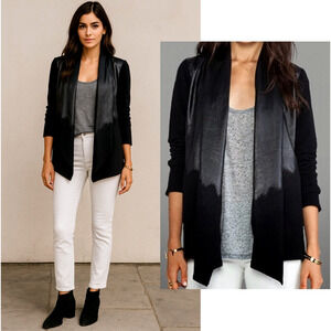Alice+Olivia M Lamb Leather Wool Waterfall Jacket Black Open Front Sweater Black